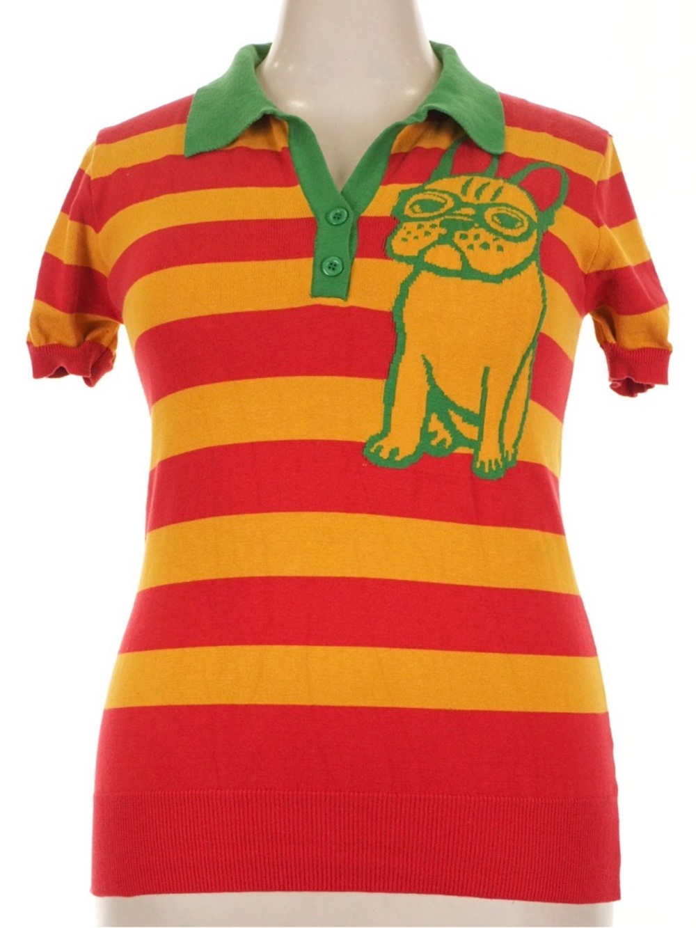 Striped V-Neck Polo Sweater with Dog Motif